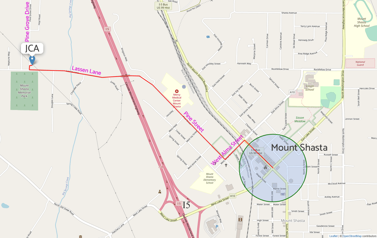 street map Mount Shasta and JCA